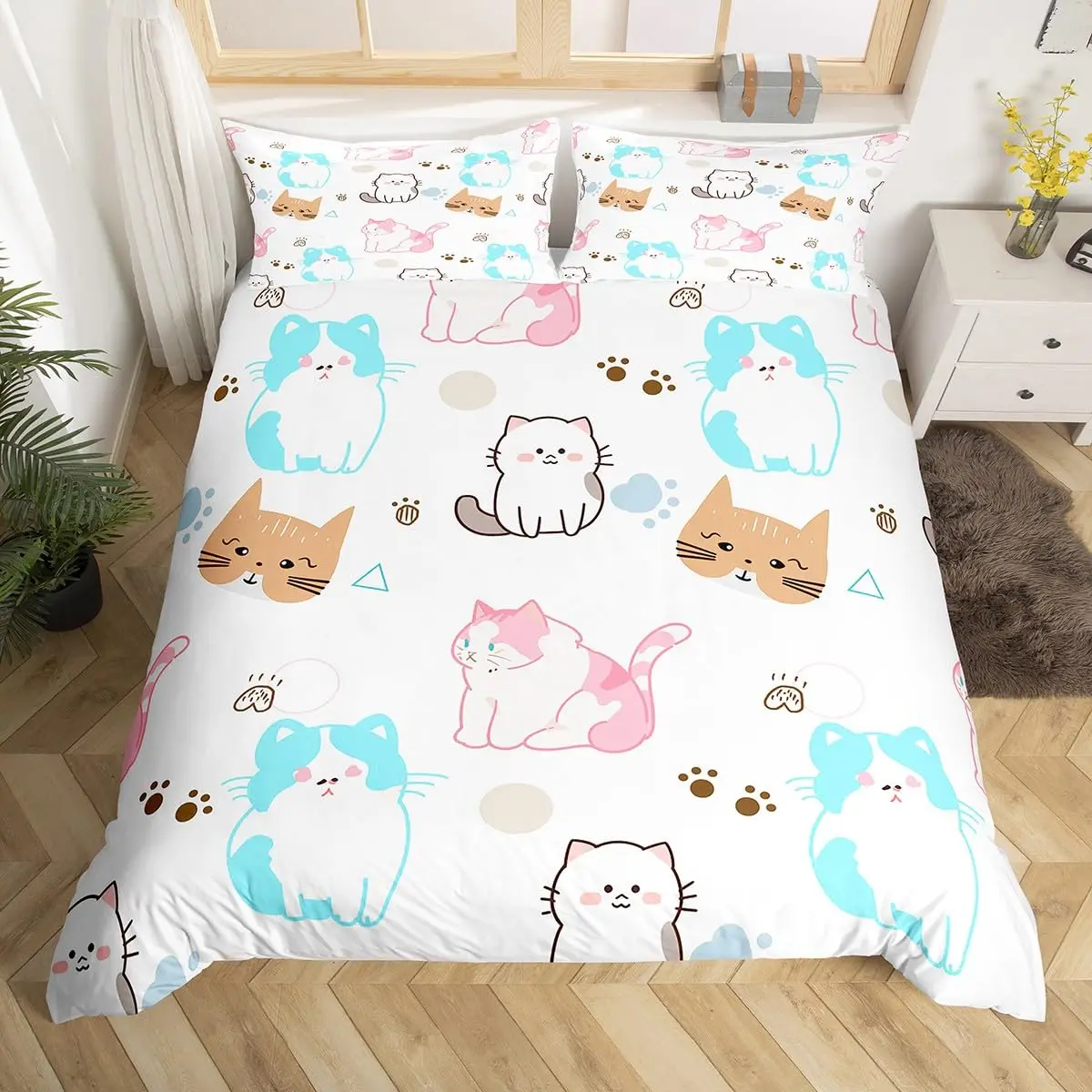 Cartoon Pet Cats Duvet Cover Colorful Chic Cute Kitten Bedding Set for Kids Boys Girls Teens Colorful Animal Comforter Cover