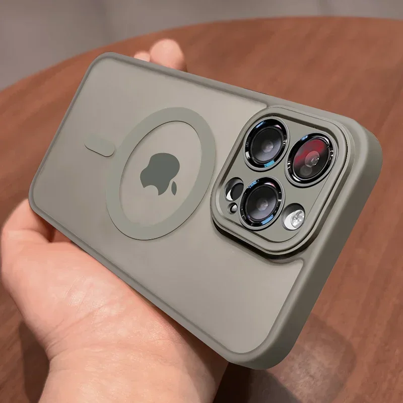 Funda magnética de lujo mate translúcida con protector de lente para iPhone 17 18 16 15 14 13 12 Pro Max, compatible con cargador inalámbrico MagSafe 2