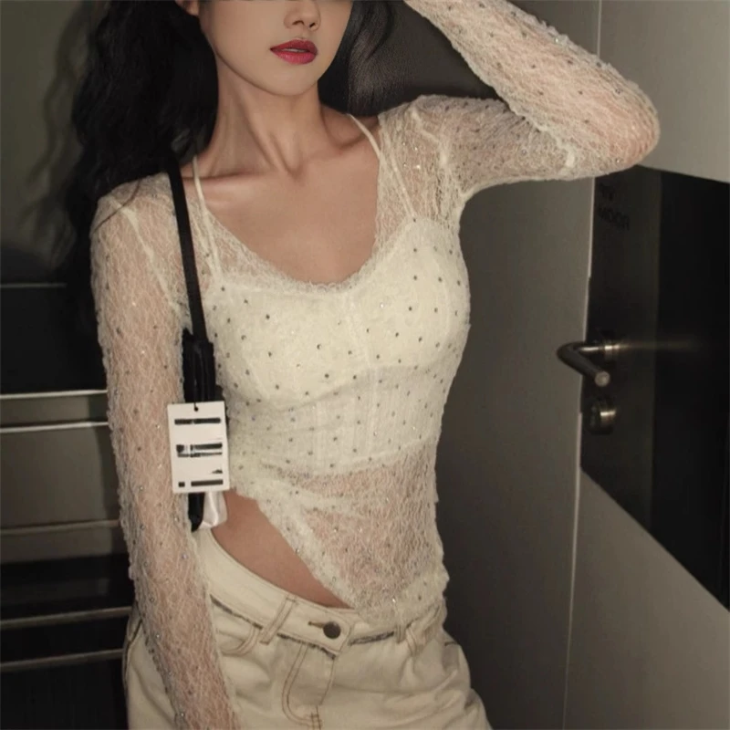 

Long Sleeve Lace Rhinestone T-Shirt Sun Protection Versatile Summer Women Tops Fashion Sexy Casual Blouse