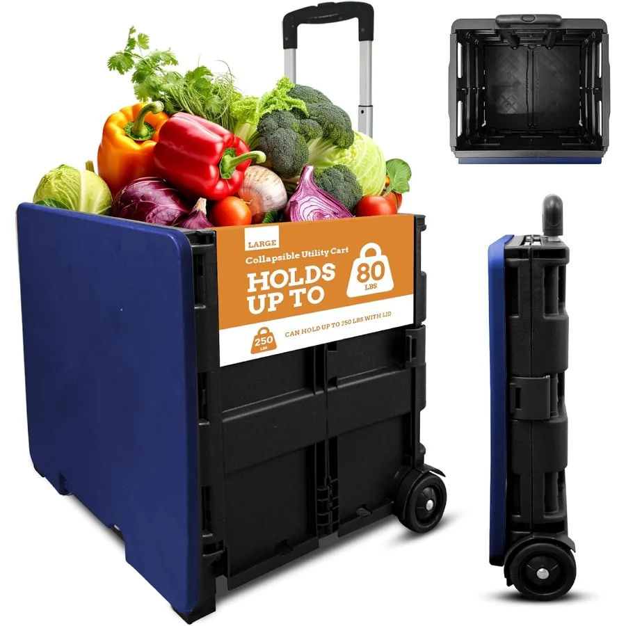 Collapsible UltraSlim PackNRoll2 Wheel Utility Cart with Lid That Doubles as a Seat for Up to 250 Lbs Telescopic Handle for Eas