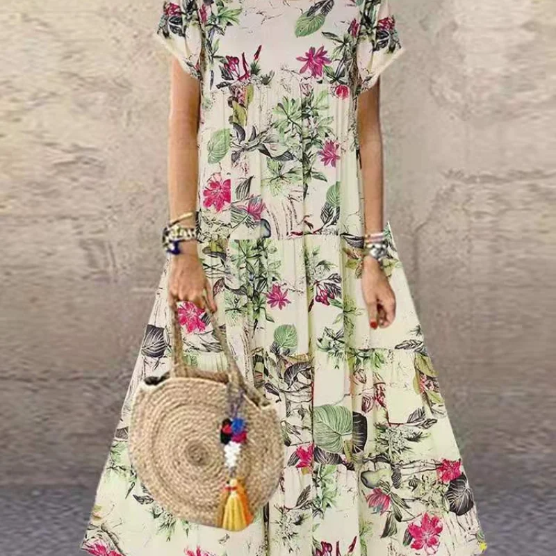 Vintage Floral Print Short Sleeve Round Neck Dress