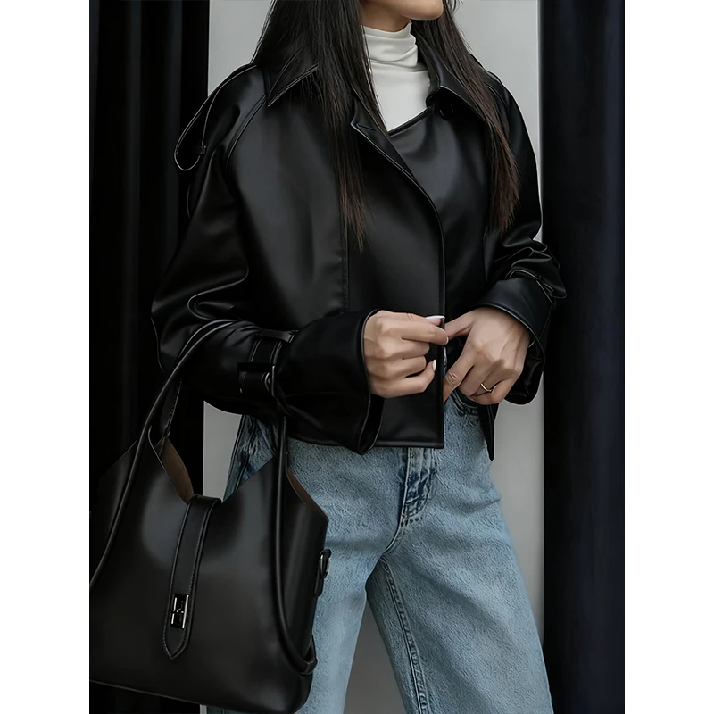 Retro Solid Color Lapel  Faux Leather Motorcycle Jacket Women Trendy Long Sleeve Coat 2025 New Autumn Winter High Street Outwear