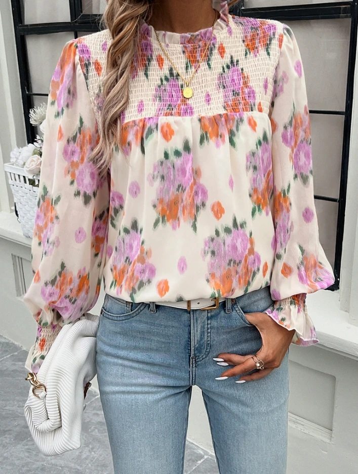 Women's Blouse Tops Elegant Casual Loose Fit Floral Print Lace Trim Round Neck Shirring Design Lantern Long Sleeve Chiffon Top