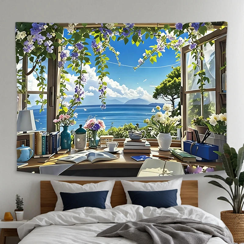 VIKAMA Window Ocean View Tapestry Wall Hanging Anime Desk Flowers Books Cozy Aesthetic Wall Art Bedroom Dorm Room Decor