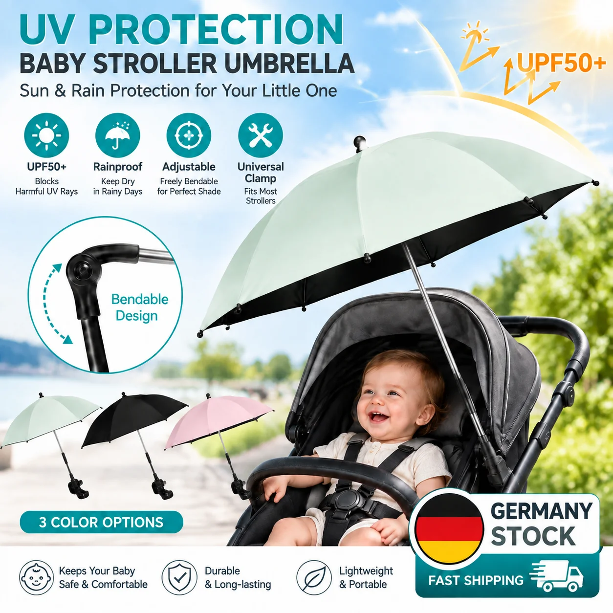 Ombrellone universale per passeggino con protezione UV, dotato di morsetto, 85 cm, fattore di protezione UPF50+, impermeabile, parasole, accessorio universale per passeggino, disponibile in rosa,