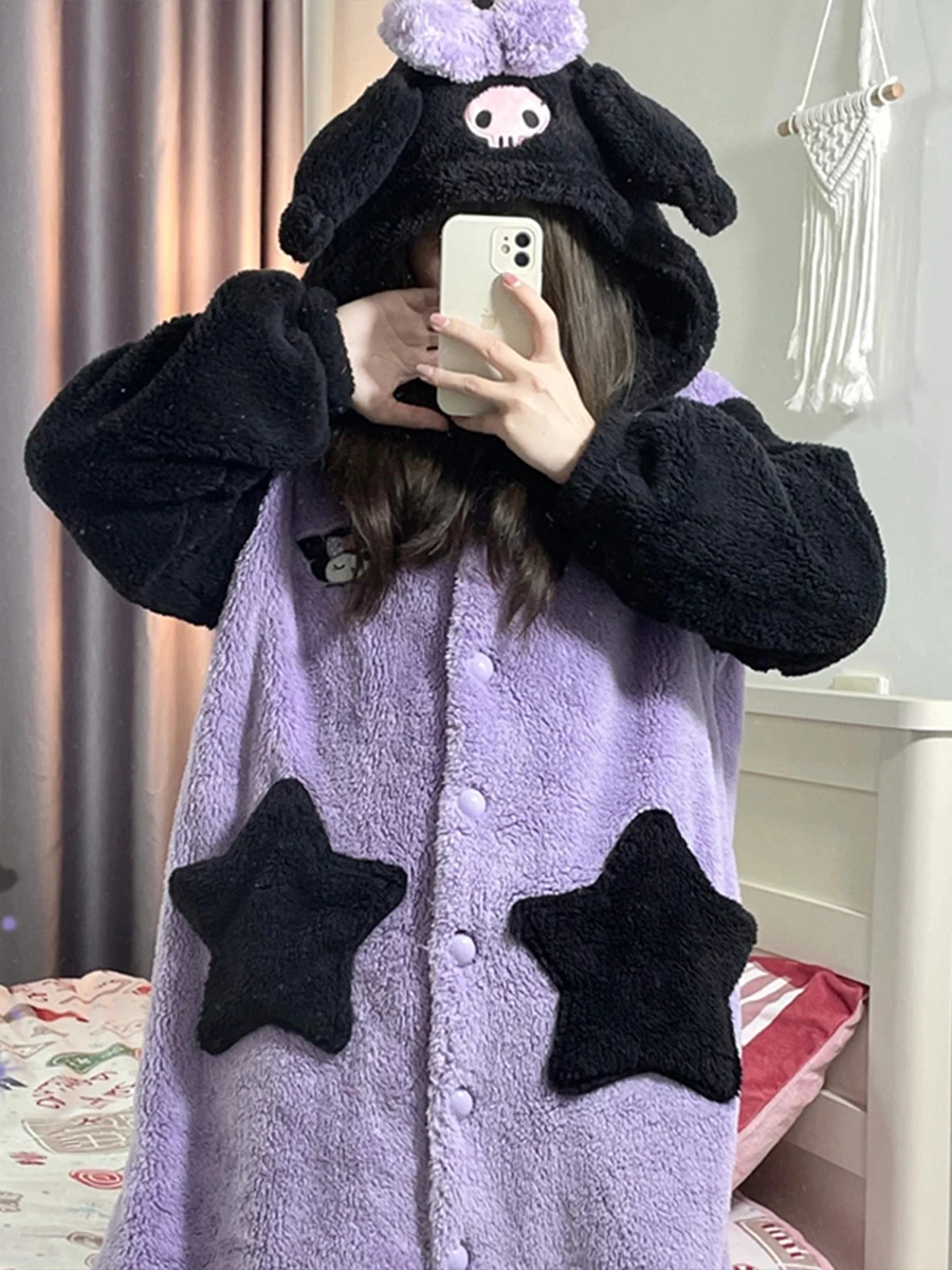 Kuromi Nachtjapon Vrouwelijke Winter Lange Plus Fluwelen Leuke Pyjama Pak Kawaii Student Broek Warme Broek Jas Nachtjapon Kleding Cadeau