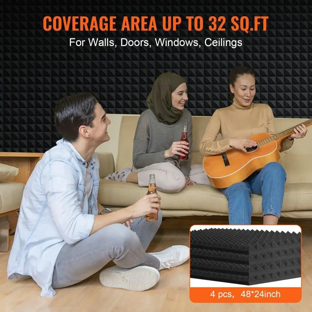 4-Pack High-Density Acoustic Foam Panels 48x24x2 Inches Sound Absorbing for Studio Walls and Ceilings Home Audio Improvement