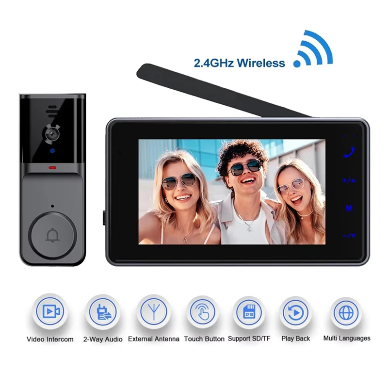 APPLIA-Video Doorbell With 4.3 Inch IPS Screen 2-Way Audio 2.4Ghz Visual Intercom Recording Doorbell Camera With Antenna