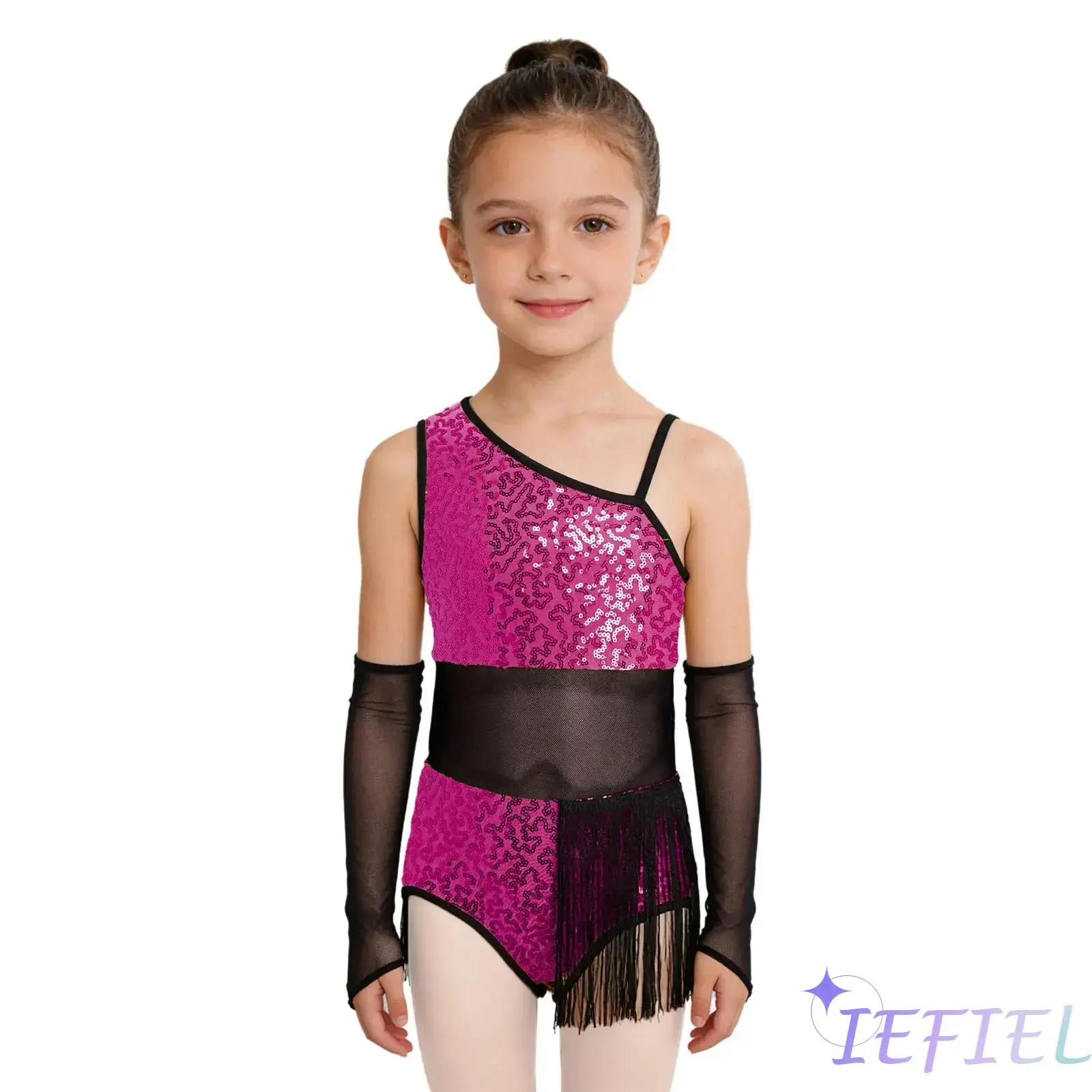 

Kids Competition Ballet Dance Leotard One Shoulder Lace Long Sleeve Press Button Bodysuit Artistic Salsa Chacha Dance Outfit