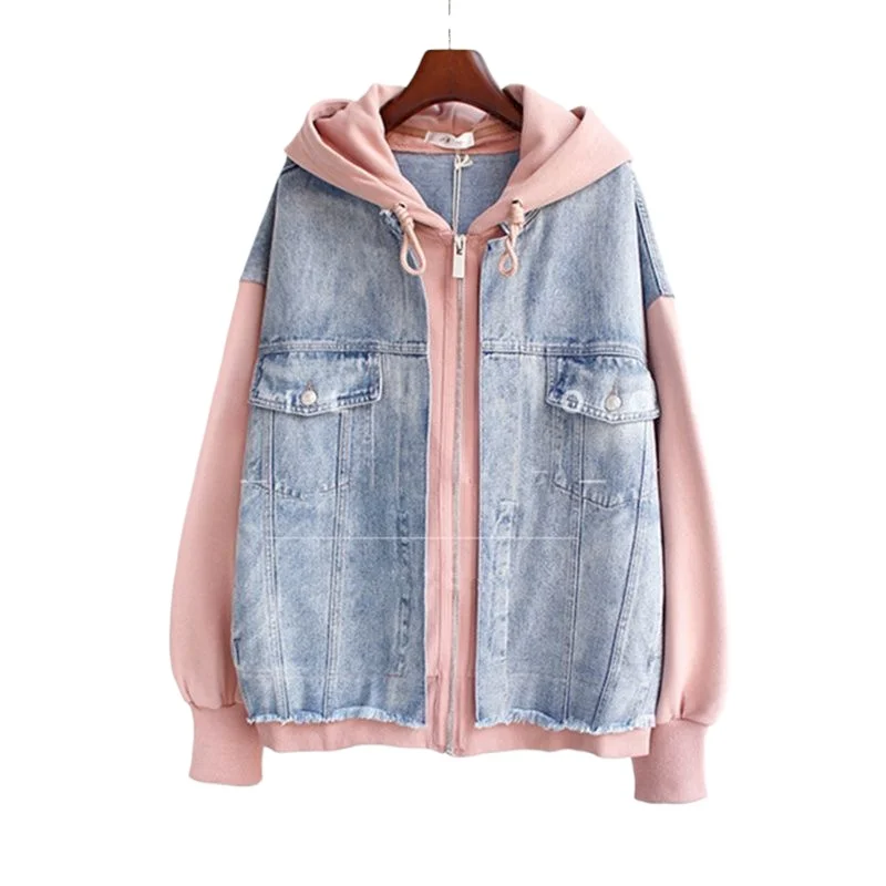 Spring Autumn Fake Two-piece Denim Hoodies Coat Women Trend Cardigan Hoodie Casual Loose Hooded Baseball Jacket Streetwear Woman