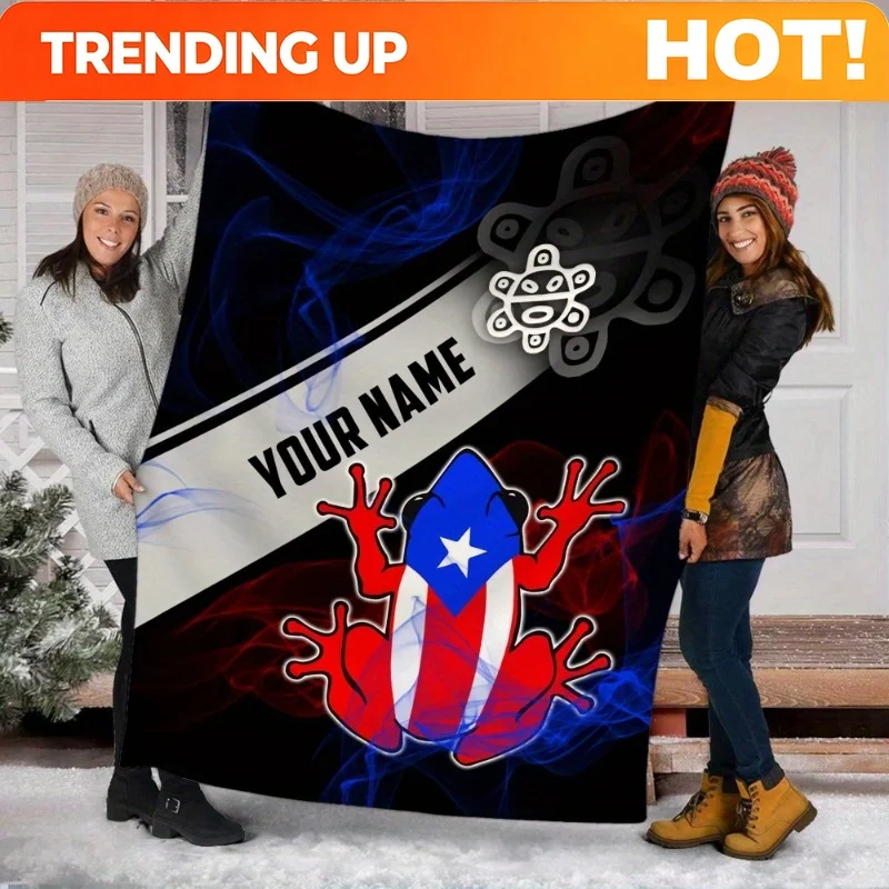 Customize 1pc Personalized Puerto Rican Flag Fleece Blanket - Custom Name Text, Retro Style, Hypoallergenic and Tear-Resistant,