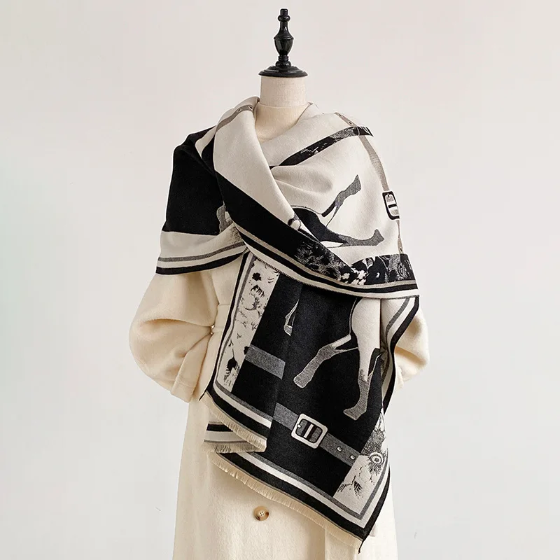 Scarf Women Horse Pattern Shawl Double Sided Wrap Border Floral Jacquard Woven Warm Winter Autumn Ladies Fashion Commute Stole