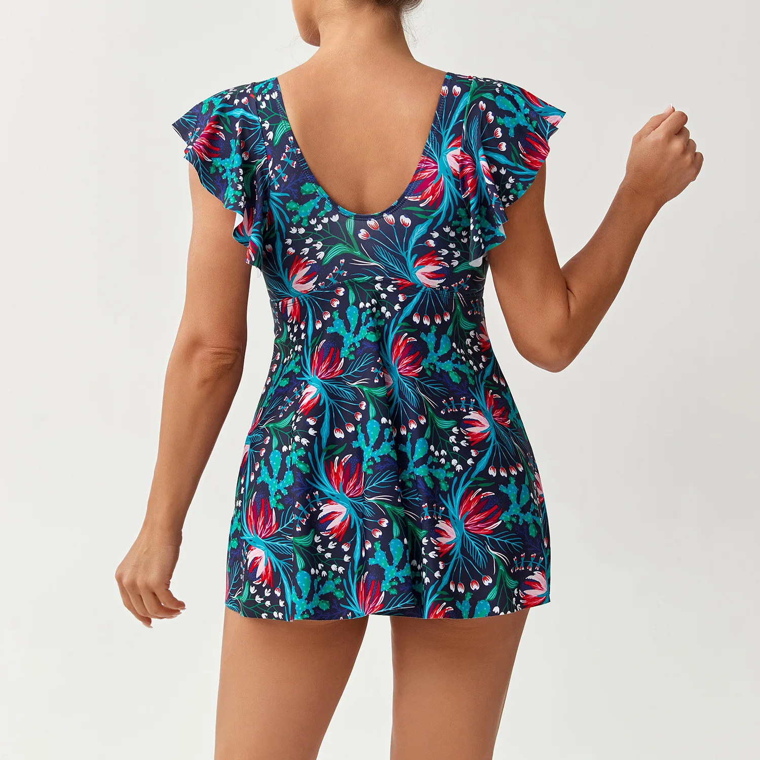 2026 New Women 2‑Piece Tankini Swimsuit V‑Neck Ruffle Cap Sleeve Floral Print Flared Swim Dress Boyshort Bathing Suit Swimwear