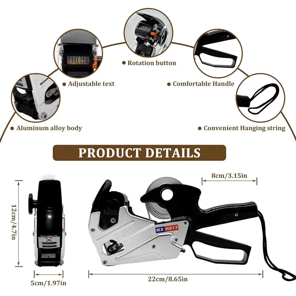 MX-H813 Metal Price Label Gun Set 8 Digit Adjustable Manual Pricing Machine with 10 Rolls 5000 Stickers 1 Ink Roller for Shops