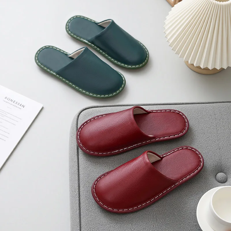 Genuine Leather Slippers for Spring and Autumn, Men's Odor-Resistant Non-Slip Soft Sole Indoor Luxury Cowhide Slippers for Women