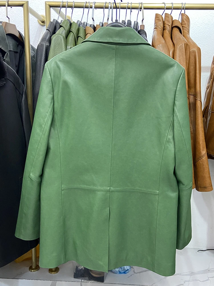 Chaqueta de traje de Color verde largo de piel de oveja auténtica para mujer de primavera