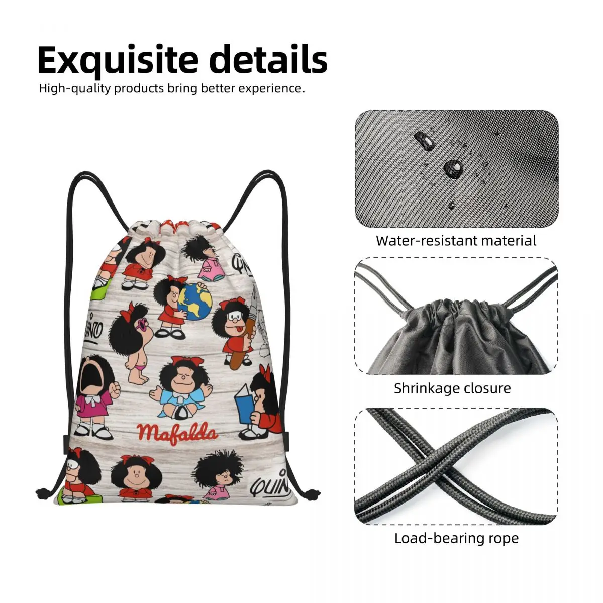 Personalizado kawaii dos desenhos animados mafalda saco de cordão das mulheres dos homens portátil ginásio esportes mochila mochilas armazenamento compras