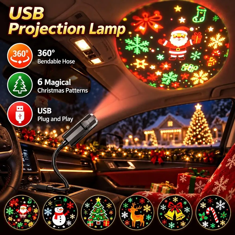 USB Christmas LED Projector Light Mini Projection 6 Patterns- Adjustable Santa Claus Christmas Tree Night Light Christmas Decor