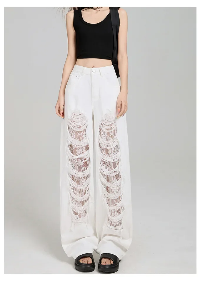 Personality Ripped Lace High-waisted Jeans, New Fashionable Loose and Floor-length Wide-leg Jeans for Women in Spring and Summer