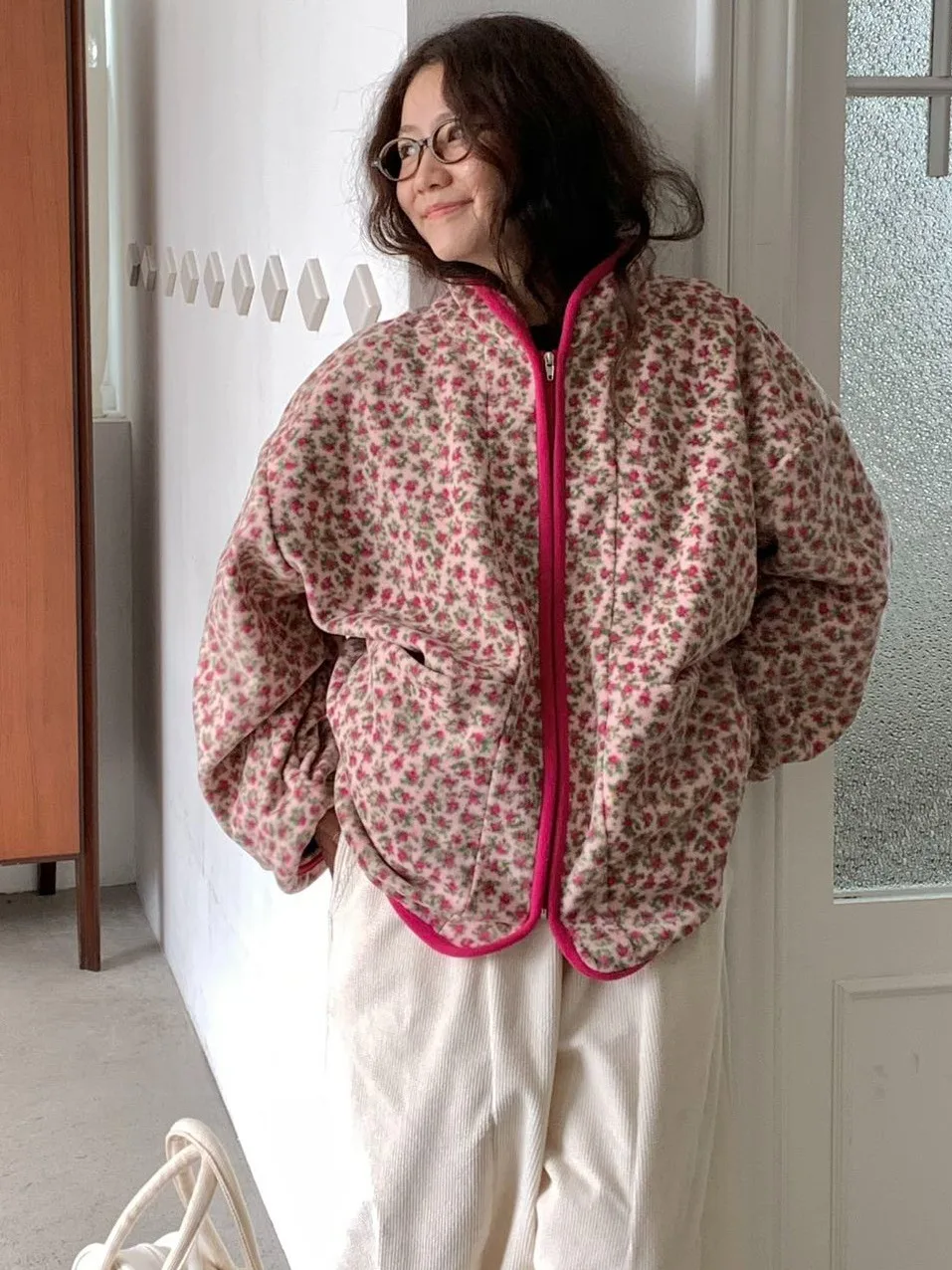 

Chic Floral Print Fce Jaet Women's Korean Sle Loose Fit Color Blo Design Agel Elegance Winter Outerwear Top