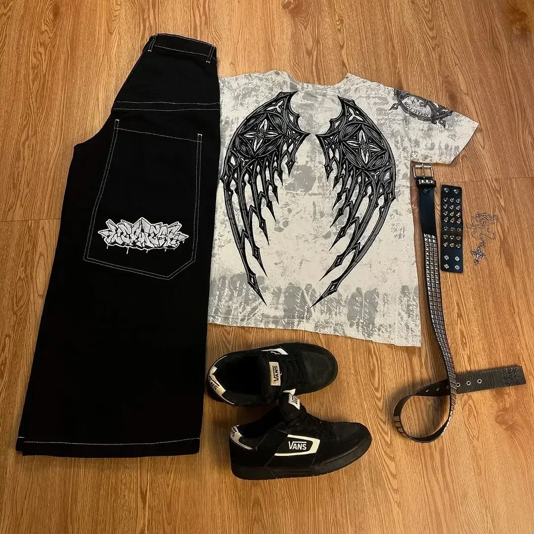 Y2K Jeans tracksuit t shirt for men Streetwear Harajuku Tapout and Wexwear Suit Graphic Embroidered Jeans Black Skateboard Pants