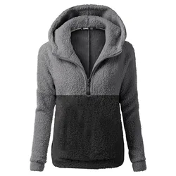 Ladies Hoodie Half Zip Hooded Plush Sweatshirt Winter Fashion Color Matching Pocket Wool Long Sleeved Sweater Fleece Overcoat