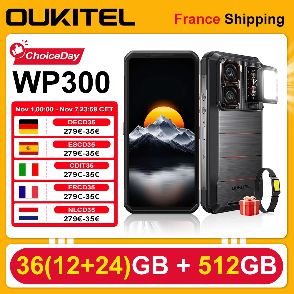 OUKITEL WP300 Smartphone 36(12 + 24)GB 512GB Android 15 6.8 "FHD + 120Hz 5G 108MP 16000mAh 45W Camping lumière téléphones montres intelligentes