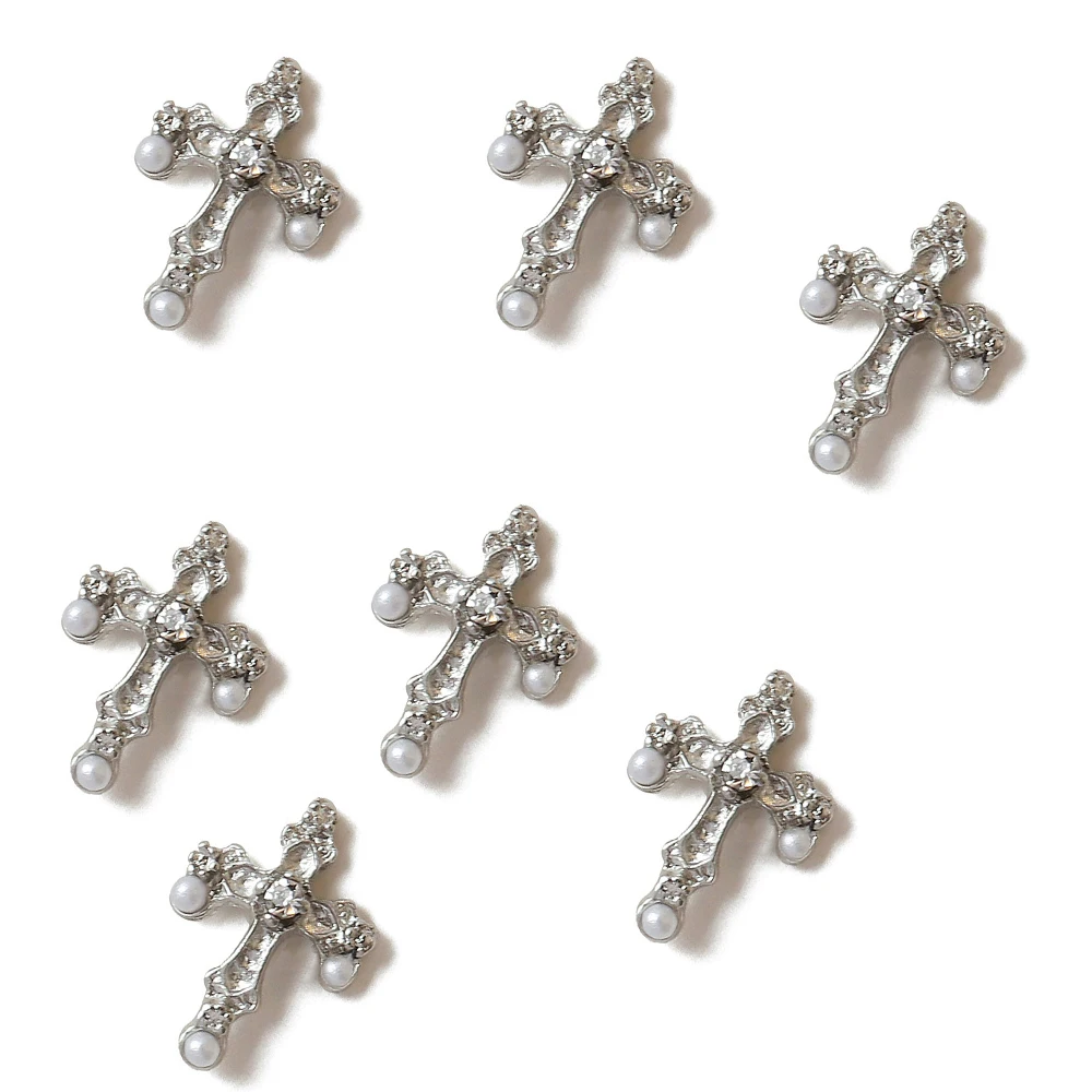 10Pcs Gold/Silver Cross Nail Charms 3D Metal Punk Retro Pearl Diamond Cross Nail Art Decorations Kawaii DIY Manicure Accessories