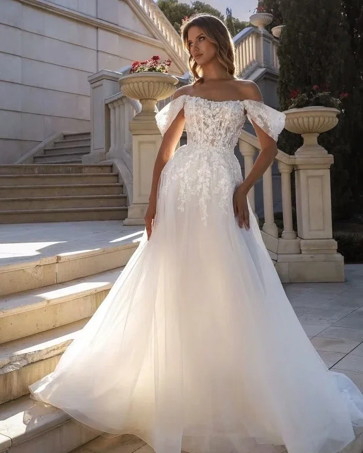 customized Bridal Dress for Women  stunning civil A-line Tulle Boho Wedding Dress Off Shoulder Lace Appliques Bride Dress