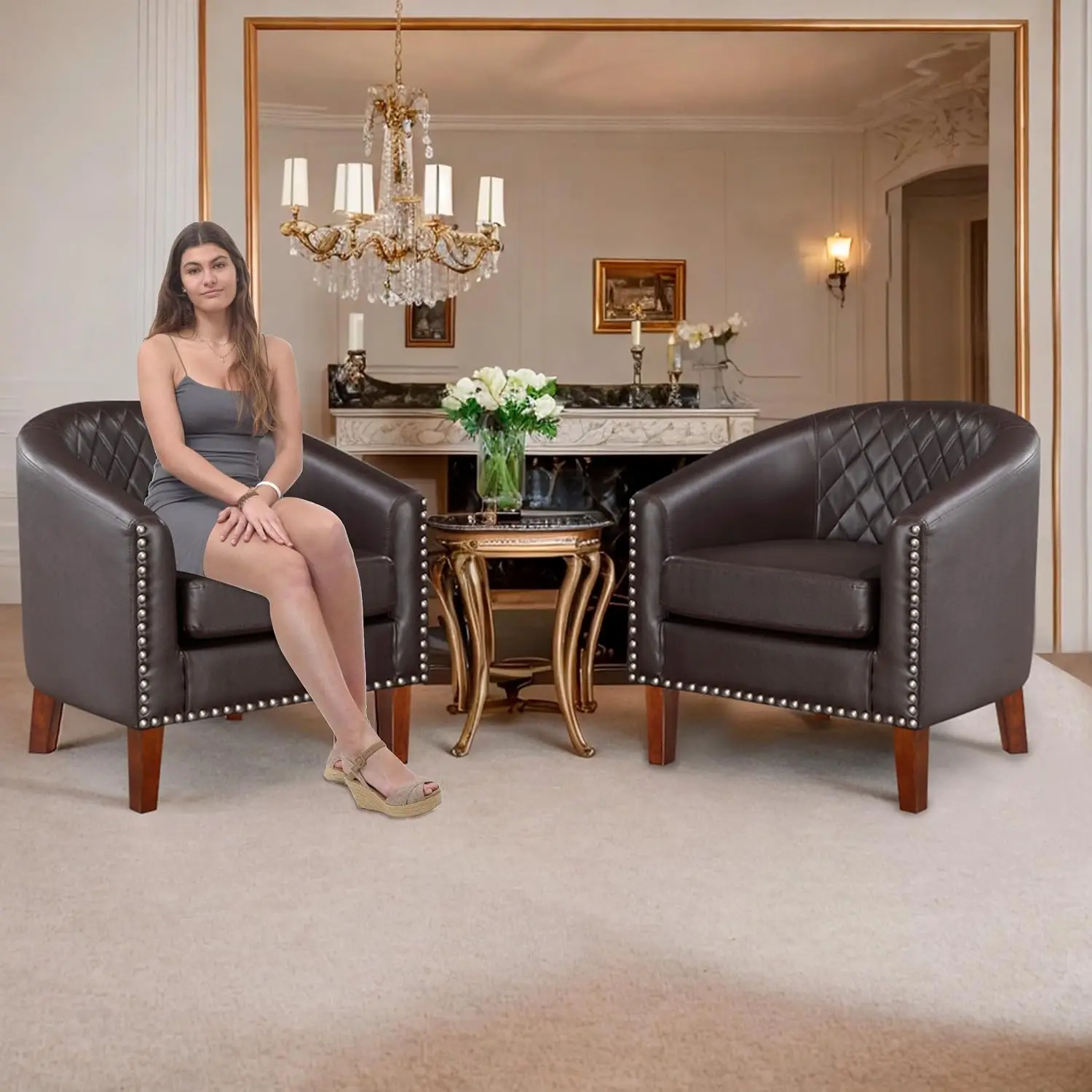 Barrel Accent Chair Set of 2 Faux Leather Club Chair with Cushion Diamond Grid Backrest Nailhead Trim Living Room Office Bedroom