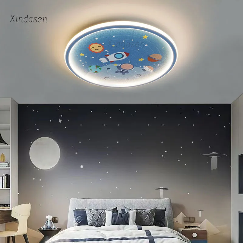 

Boys Bedroom Space Ceiling Light For Kids Baby Room Decor Cartoon Blue Chandelier Children Lustre Planet Astronaut Ceiling Lamp