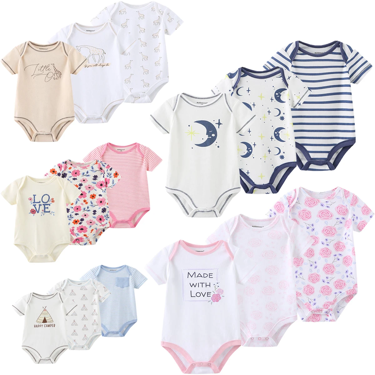 3Pieces Unisex New Born Bodysuits Set Cotton Baby Clothes Cartoon Baby Boy Clothes 0-12M Short Sleeve Bebes