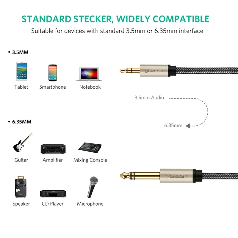 Ugreen 1/8 to 1/4 Stereo 3.5mm to 6.35mm Adapter Aux Cable Guitar to Aux Male Cord with Zinc Alloy Housing and Nylon Braid