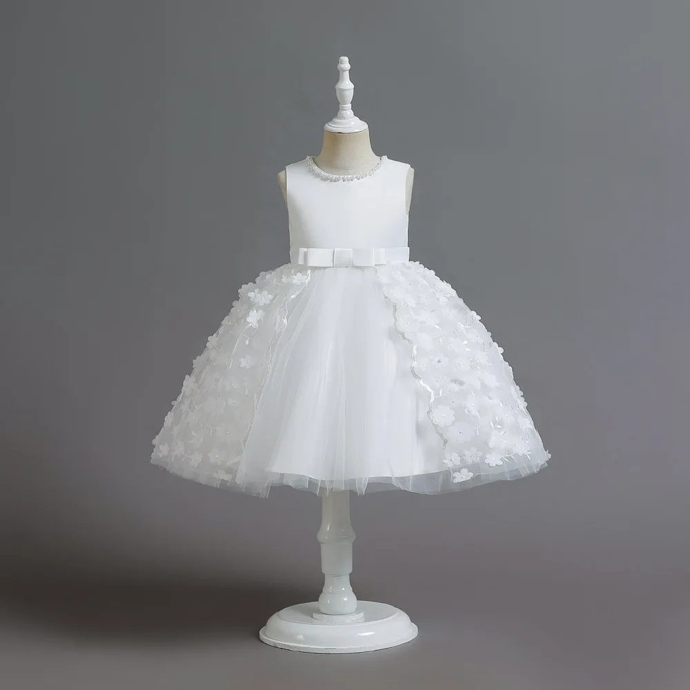 

Children Sleeveless Tulle Party Gown Girl Satin Top Beaded Neckline Bow Gown Accent 3D Flower Decorated Kid Skirt Elegant Outfit