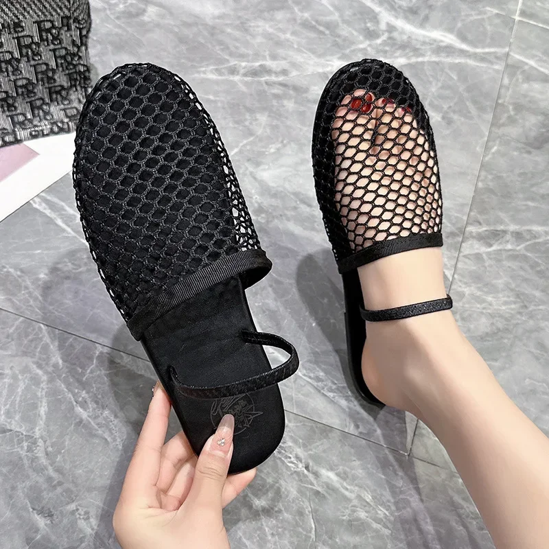 

2026 Women's Summer New Fashionable Fish Net Hollow out Sandals Round Headed Flat Bottom mesh Shoes Headless Half Slippers