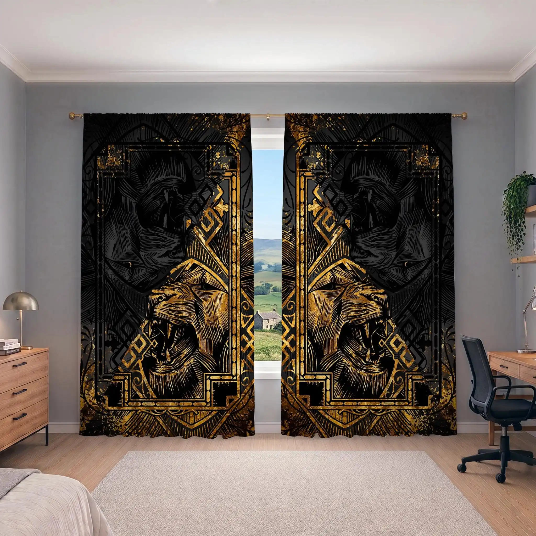 Elegant Lion Head Print Curtains for Living Room Home Decor Luxury Gothic Style Window Drapes
