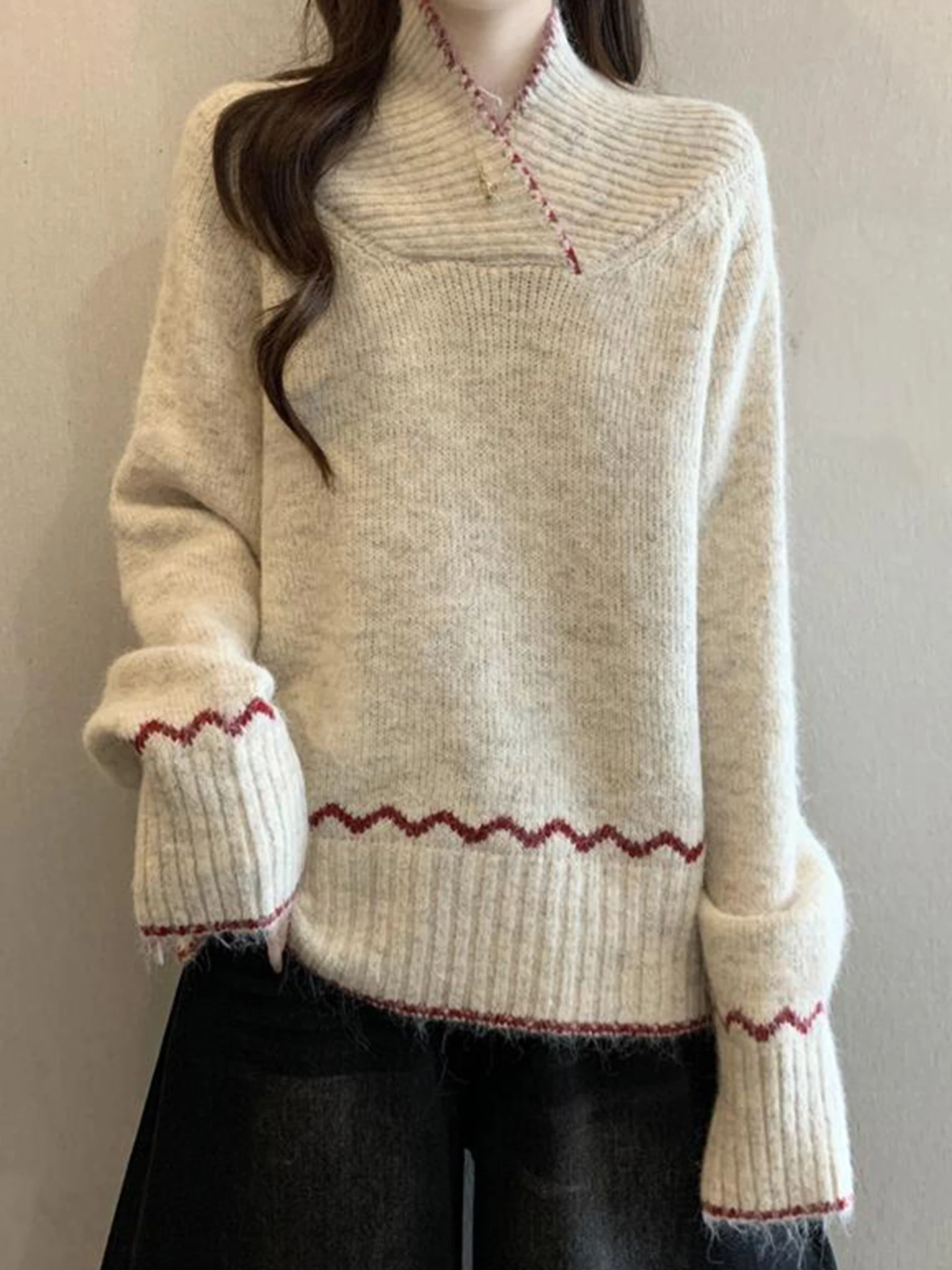 

Свободный вязаный свитер с воротником-стойкой в стиле Color Block для женщин, осенне-зимний, больших размеров, теплый, винтажный, утолщенный, для ношения под одеждой