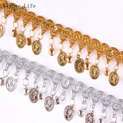 DIY 1 Yard Bell Pendant Lace Boho Ethnic Gold Glitter Lace Cloth Fabric Dance Costume Lace Decor Patch for Clothing Accessories