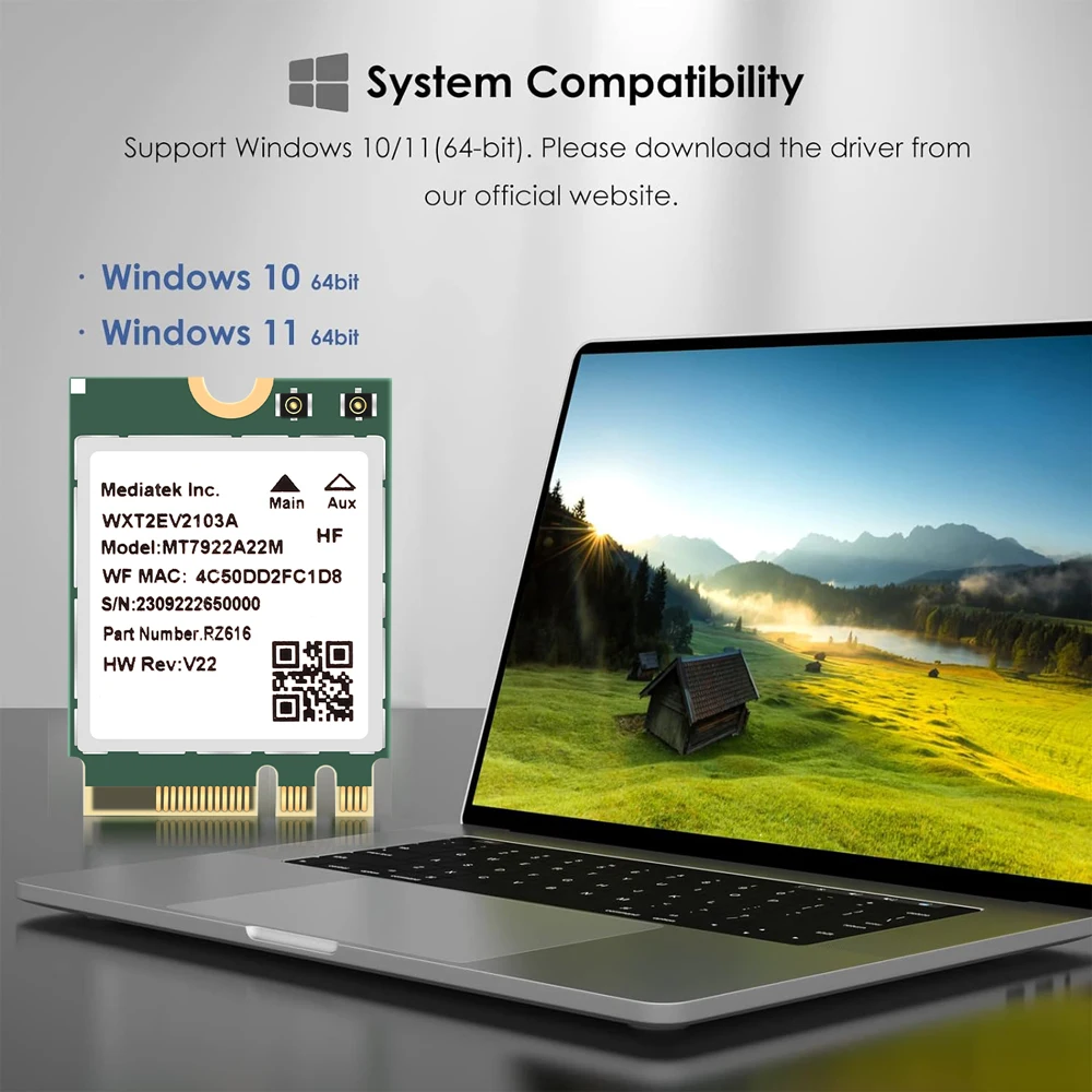 MT7922-Carte réseau WiFi 6E 5400Mbps, adaptateur sans fil M.2 NGFF, Bluetooth 5.2 Leicrer and 1/802, pour Windows 10 11