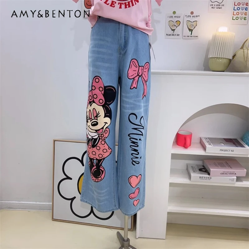 2024 Summer New Thin Loose Elastic Back Waist Sweet Cute Cartoon Printed Wide Leg Jeans Dla kobiet Kawaii Baggy Denim Trousers