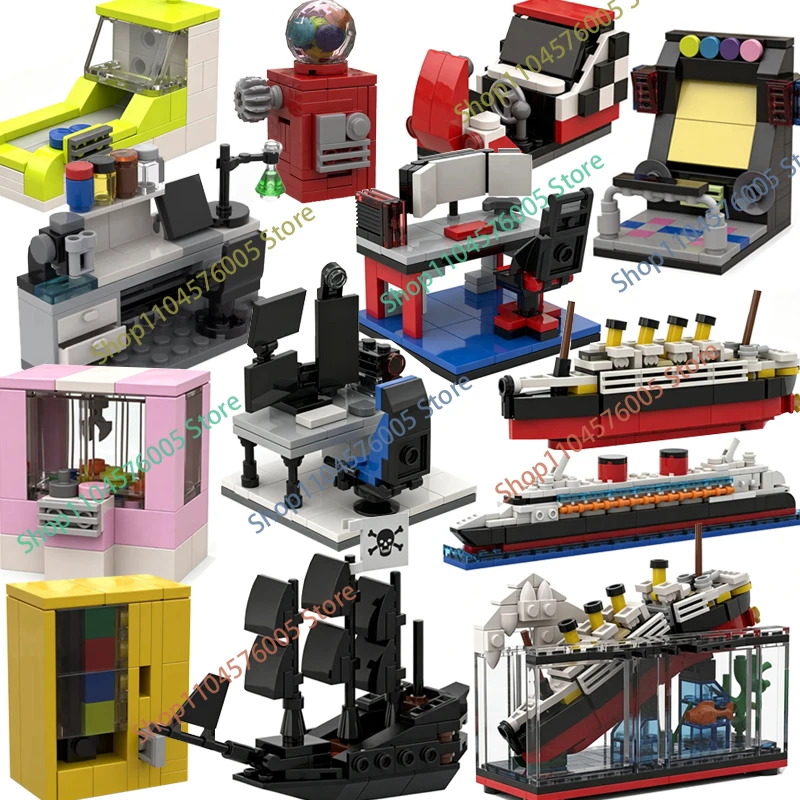 

MOC City Scene Building Blocks Office Table Computer Gaming Desk Racing Dance Machine Cruise Ship Model Boy Bricks Toys Gift T28