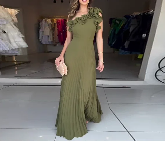 

New Flower Decor Waist Cinched Pleated Dress for Summer Wear Temperament Commuting Women's Fashion High Waist Green Dresses