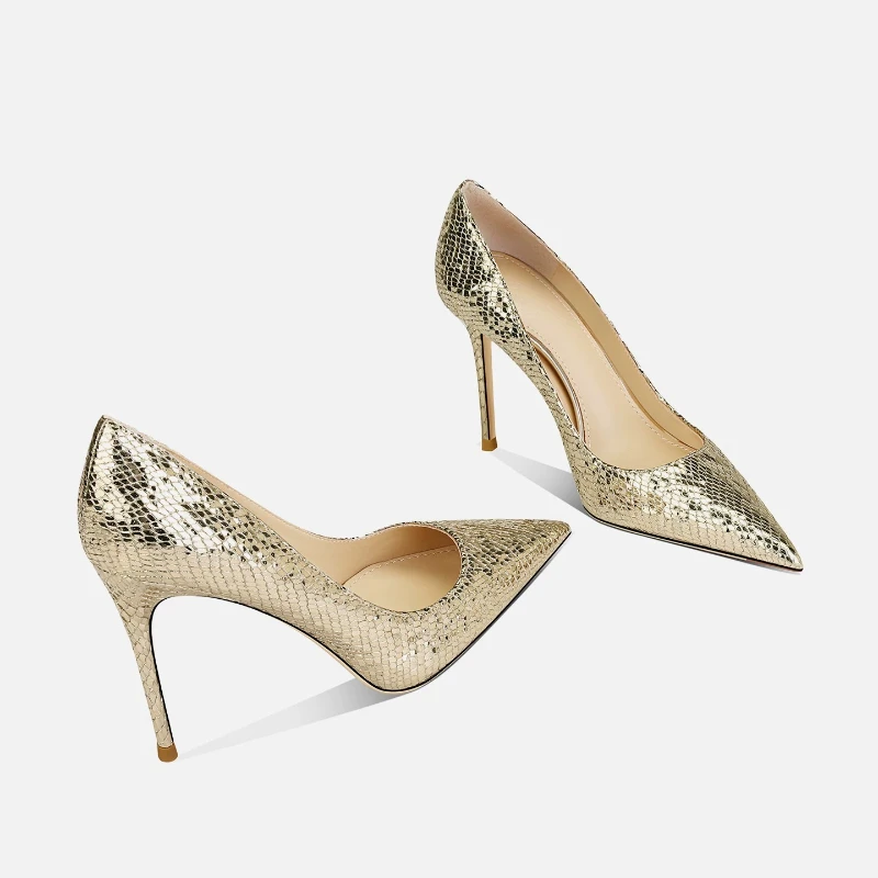 New pointed and slender heel banquet style high-end shallow snake patterned gold high heels for women's singles