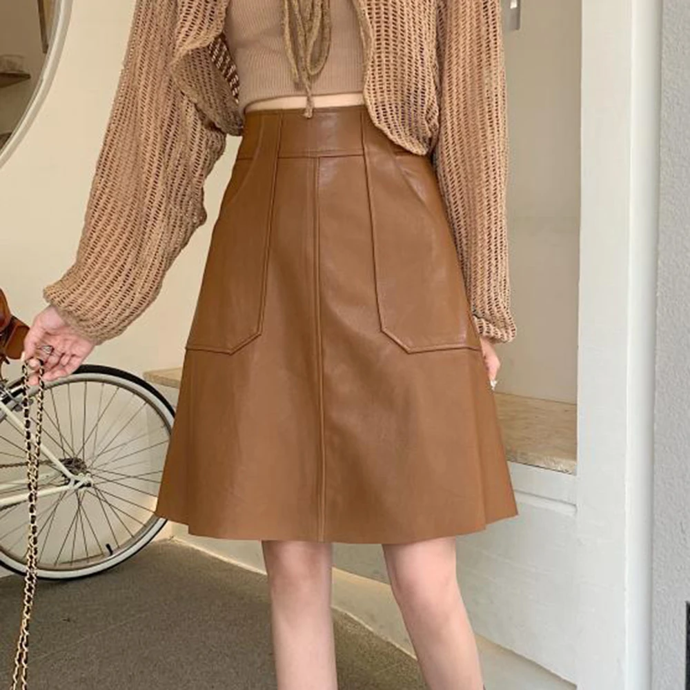 

Autumn and winter PU leather leather design sense a-word skirt high waist and thin hip umbrella skirt middle skirt