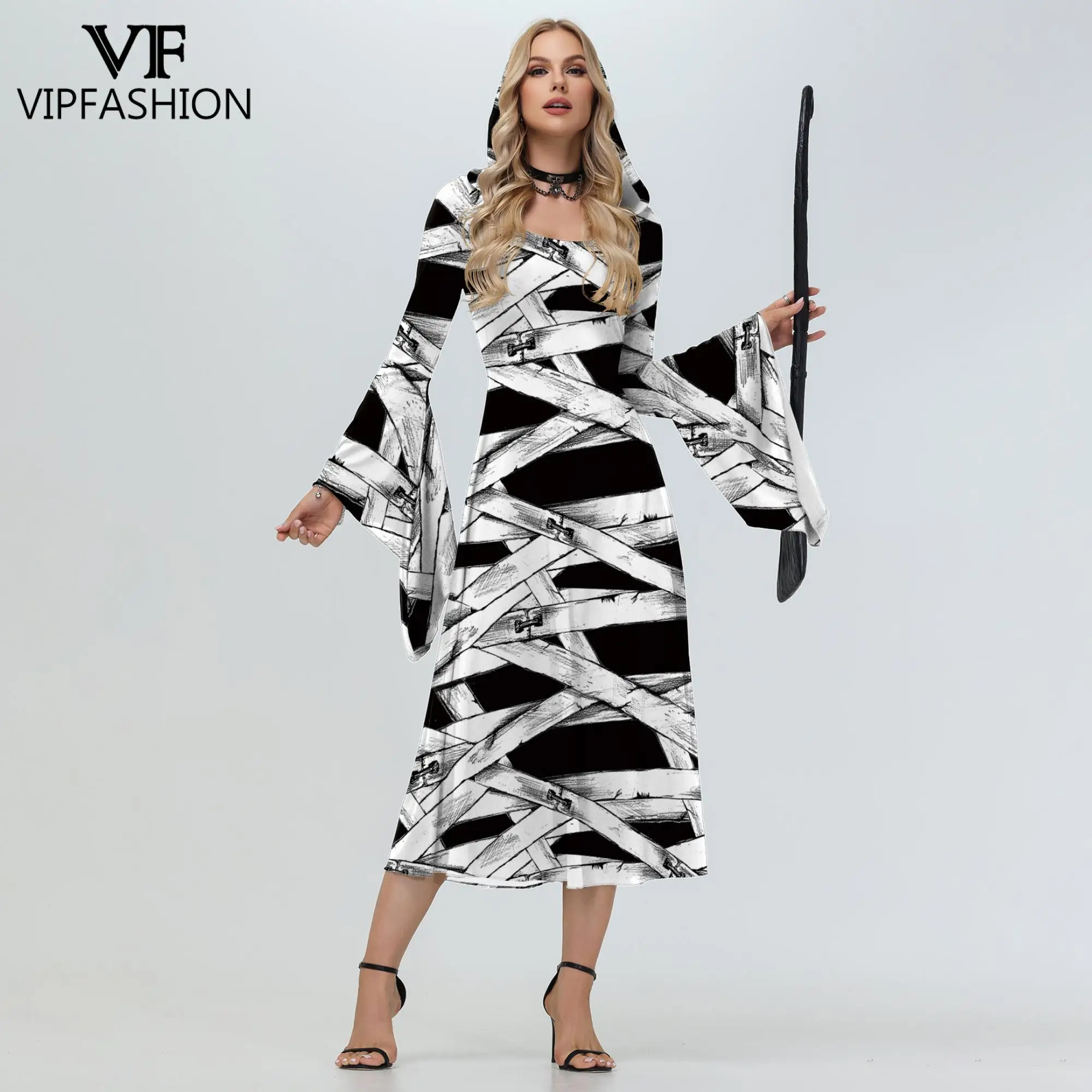 

VIP FASHION Mummy Women Dress Black White Bandages Hooded Costume Vintage Mediaval Lady Dresses Halloween Carnvial Party Clothes