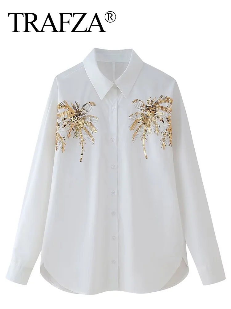 

TRAFZA Women Fashion Vintage Sequin Embroidered Turn-Down Collar Casual Shirts Female New Long Sleeves Single-Breasted Blouses