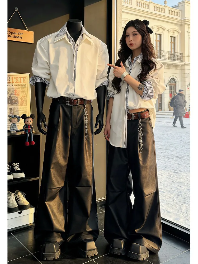 

Белая американская полосатая рубашка для мужчин, повседневная, для многослойных образов, осенне-зимняя, с высоким воротником, на пуговицах, пальто-куртка