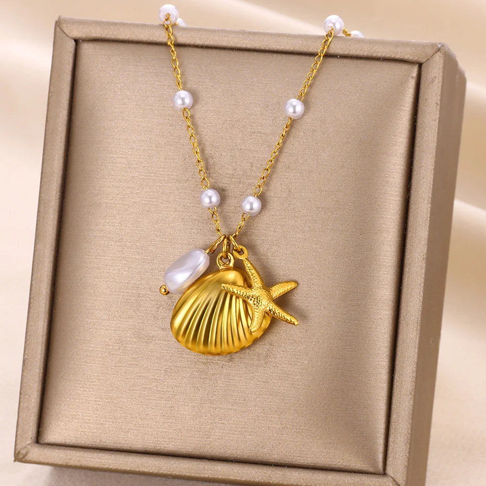 Fashion Conch Shell Starfish Pendant Necklace for Women Gold Color Stainless Steel Chain Summer Travel Beach Party Jewelry Gift