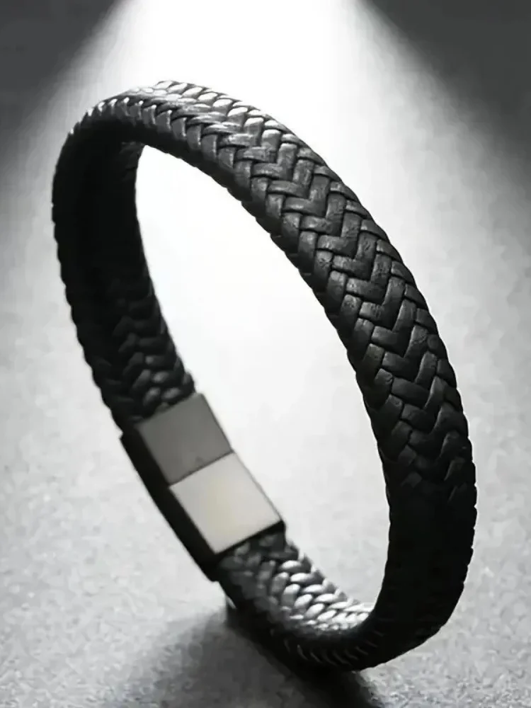 Men's Classic Black Weaving Leather Magnetic Wristband Bracelet