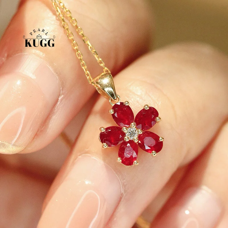 KUGG 100% 18K Yellow Gold Necklace Romantic Flower Shape Pendant Shiny Diamond Natural Ruby Necklace for Women Birthday Gift